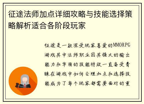 征途法师加点详细攻略与技能选择策略解析适合各阶段玩家